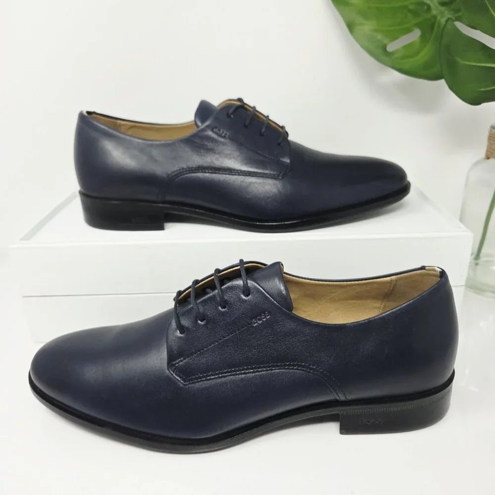 Hugo Boss Mens 9.5 Colby Navy Blue Lace-Up Oxfords Shoes Leather Dress